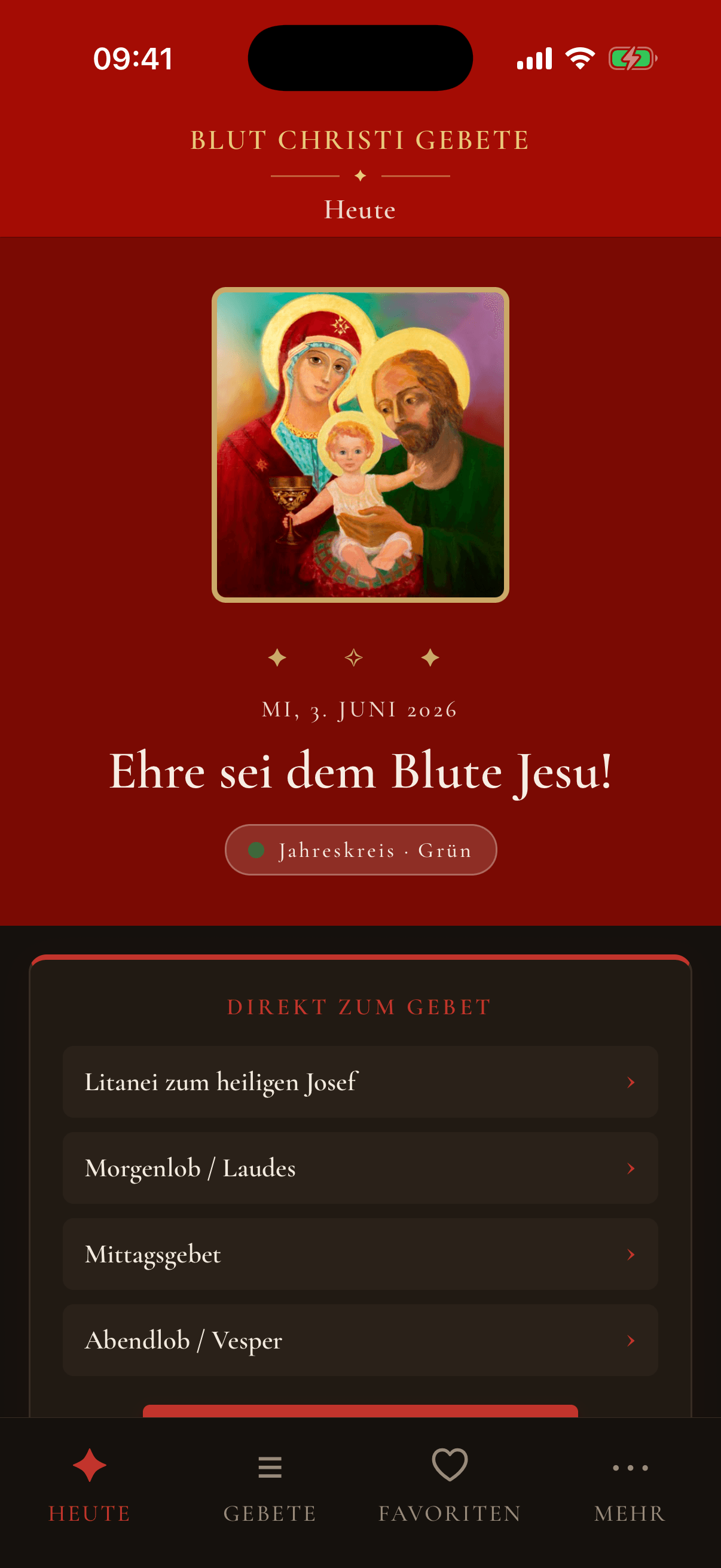 Gebete der Gemeinschaft – Heute-Ansicht (Dark Mode)