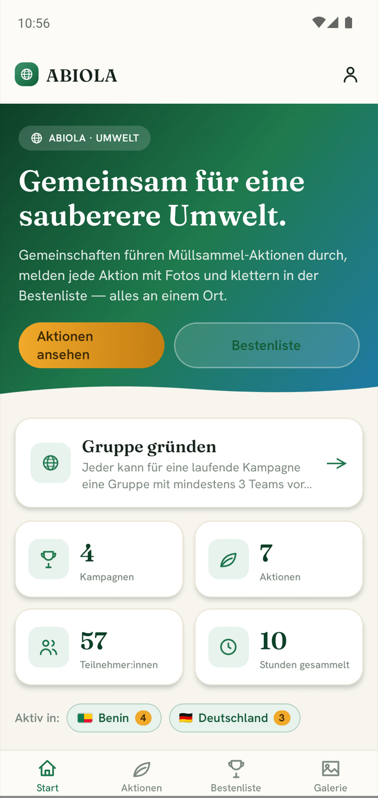 ABIOLA GreenActivity App – Startseite