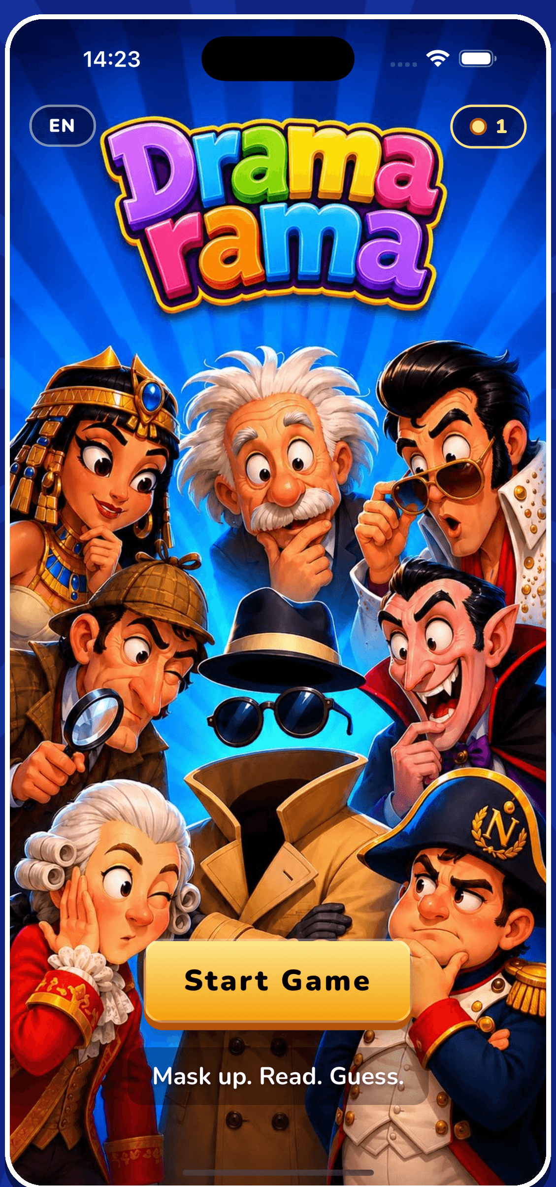DRAMARAMA Startscreen mit Prominenten-Figuren im iPhone-Rahmen