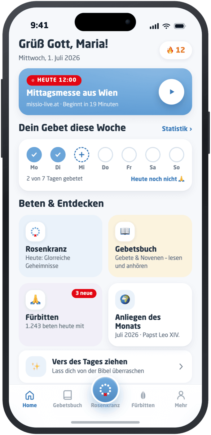 „Gott kann" App: Home-Screen mit Tagesgebet und Mittagsmesse im iPhone-Rahmen