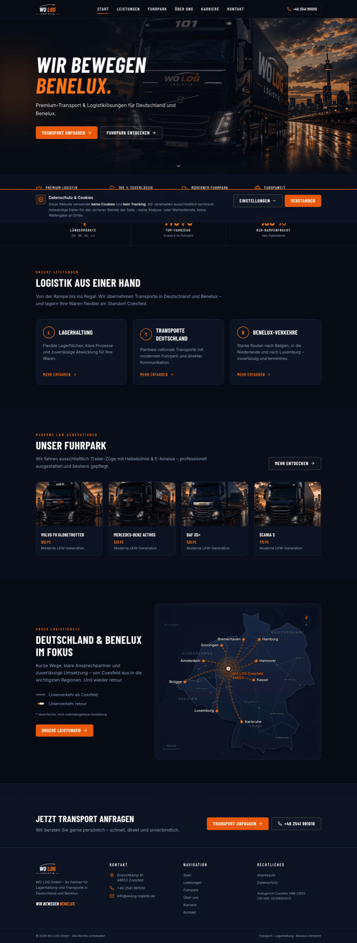WO LOG Logistik-Website: Startseite mit Hero und Leistungsübersicht