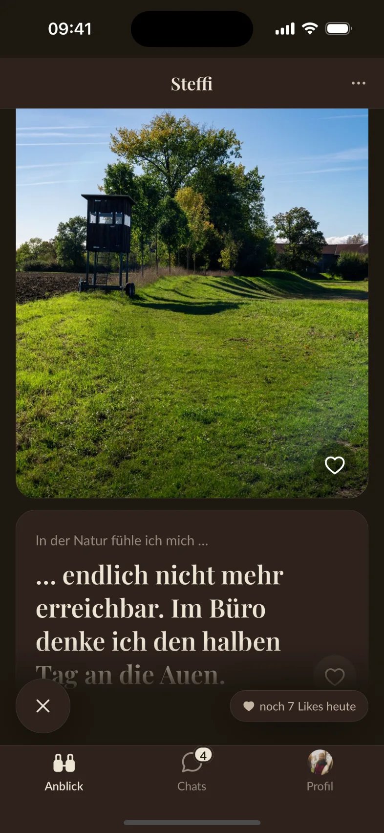 Jagdherz App – Profil-Karte mit Revierfoto im Dunkelmodus