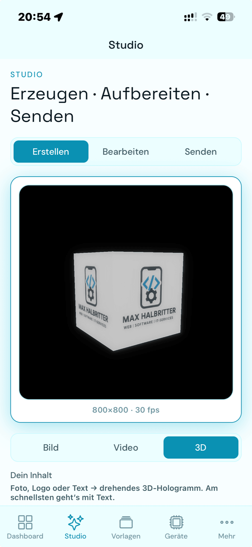 MyHologram App – Studio: aus Text ein drehendes 3D-Hologramm
