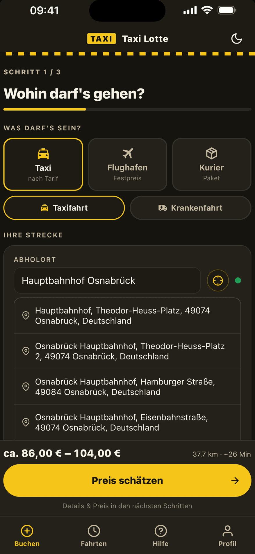 Taxi Lotte App – Fahrt buchen